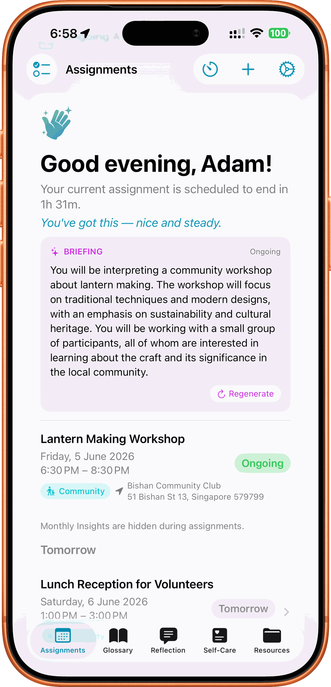 SignPrep on iPhone showing the Assignments screen with a greeting, an ongoing assignment, and an on-device AI briefing