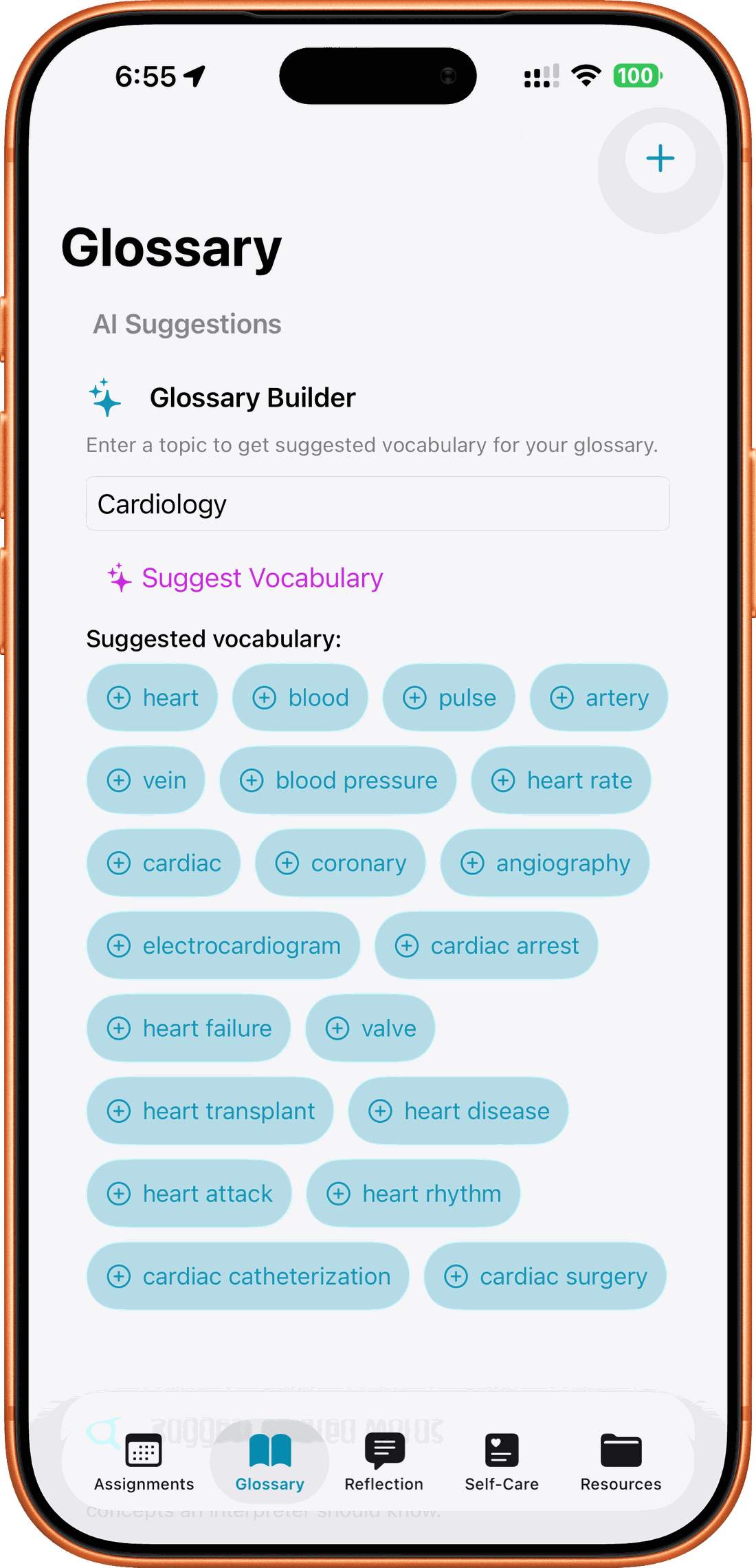 Glossary screen with an AI vocabulary builder and a sign bank